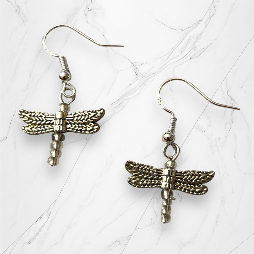 Hand Crafted Earrings Firefly Dangle Silver Pierced Long Wings
